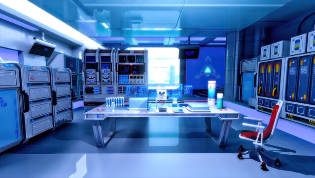 Futuristic chemistry laboratory interior with biotech equipment, clean blue research facility, 4K background, P2
