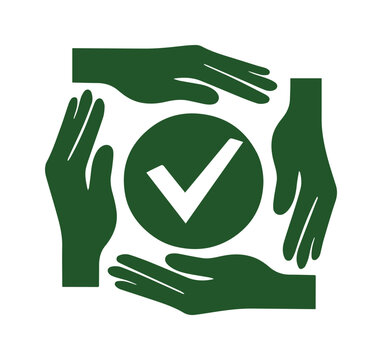 Icono de sostenibilidad y cuidado ambiental, manos verdes alrededor de un c&iacute;rculo con marca de verificaci&oacute;n, concepto de ecolog&iacute;a y compromiso ecol&oacute;gico
