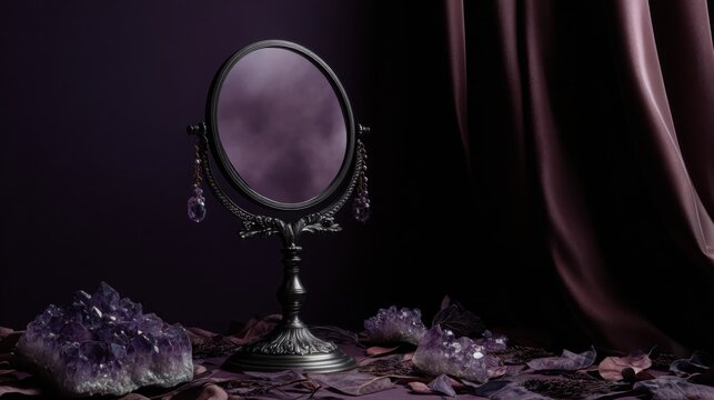 Ornate antique scrying mirror with amethyst accents reflecting purple light against a dark draped background