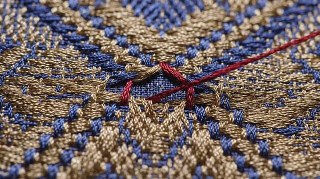 Red Thread Mending Intricate Woven Textile Pattern