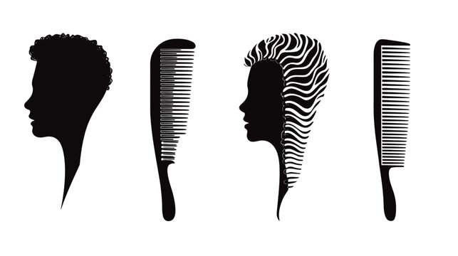 Silhouettes of diverse hairstyles, alongside various combs, presented in simple black