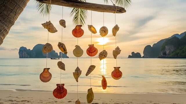 Beautiful seashells hanging on a wooden stick with a scenic beach background at sunset