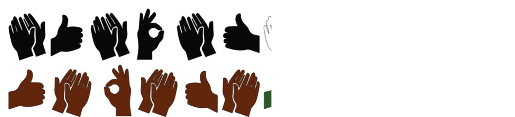 Obraz premium Diverse Hand Gesture Vector Icons, a collection of black and brown skin tone hands for communication and feedback, perfect for social media and app interfaces