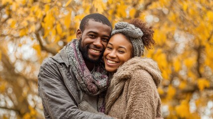 Fototapeta premium The happy couple are in a loving embrace while spending an autumn day together outdoors.
