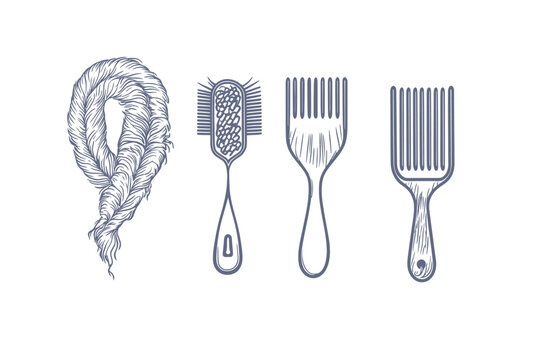Stylized illustration of hair and grooming tools including hair braid and various combs/brushes
