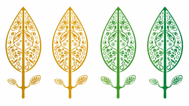 Four ornate leaf motifs, two in yellow-gold, two in green, painted in a folk style