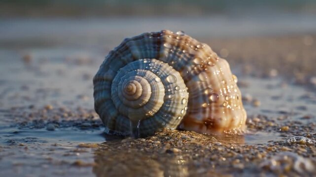 Seashell rests on wet sand as tide recedes