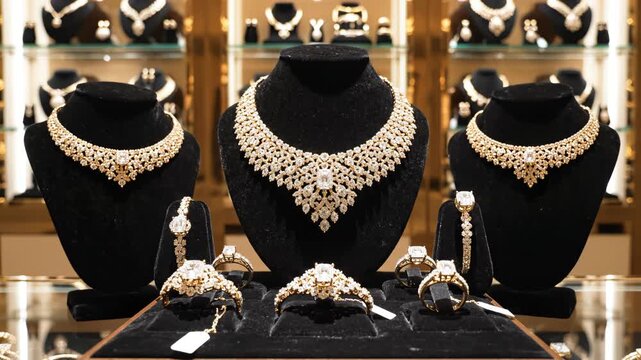 Jewelry display showcasing necklaces and rings for commercial advertising, marketing campaigns, and creative projects