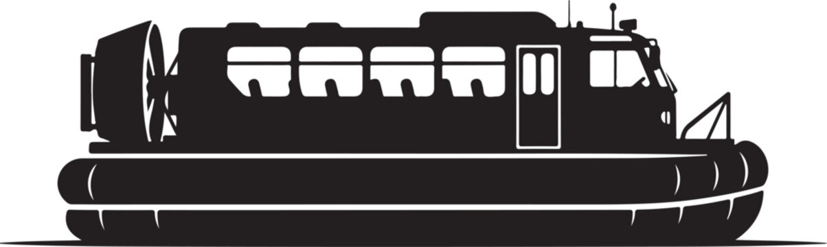 Black hovercraft, air cushion vehicle, side view, silhouette, vector illustration
