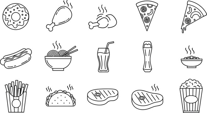 Fast Food and Junk Food Line Art Icon Set Featuring Pizza, Burger, Hotdog, Fried Chicken, Taco, and Drinks for Restaurant Menus, Delivery Apps, and Cafe
