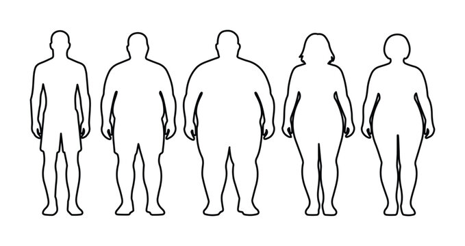 Human body types vector set, diverse male and female silhouettes illustrating various body shapes and sizes, health and wellness concept, fitness and medical graphics.