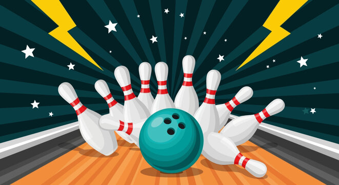 Illustration of a teal bowling ball hitting white pins on a wooden lane with a dark background and cartoonish lightning bolts.