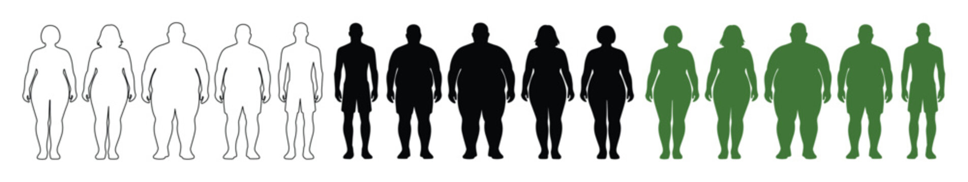 Human body shape vector set, diverse male and female silhouettes illustrating various body types and sizes, ideal for health, fitness, and medical design projects