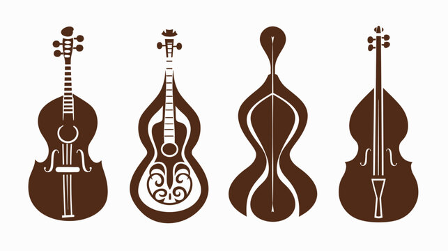 Four brown stringed instruments arranged in a horizontal line with white background