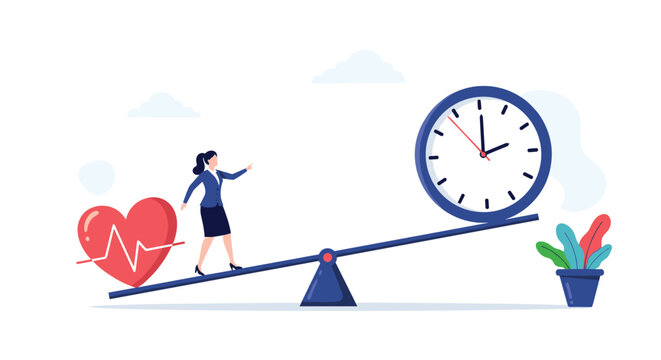 Professional woman walking on a balance scale weighing a healthy heart against time for a better work life balance.