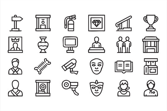 Cultural artifacts, monitoring camera and gallery outline icons for museum and archive systems