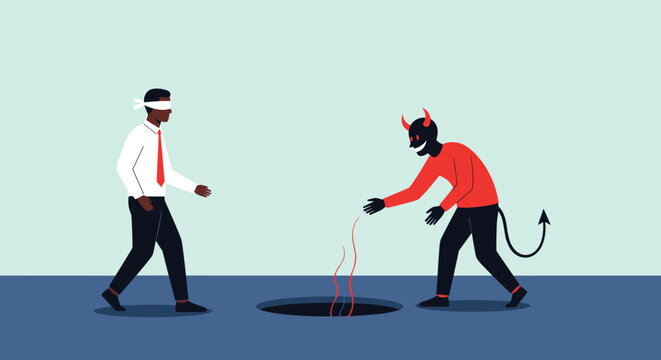 Blindfolded businessman being lured into a deep hole by a red devil figure representing deception, traps, and poor decision making.