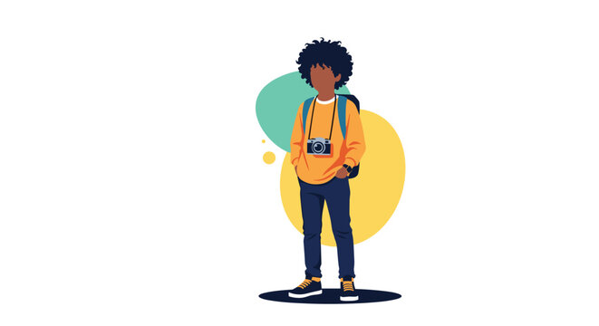 Stylish young man with an afro wearing a yellow sweater and a camera around his neck standing confidently against a colorful background.