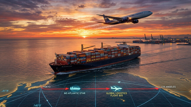 A cargo ship sails through calm waters with an airplane flying nearby at sunset offshore
