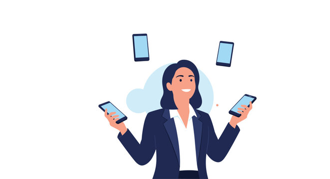 Professional businesswoman smiling while multitasking by juggling four smartphones representing digital communication and high workload.