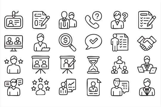 Recruitment, leadership and team management outline icons for corporate organization