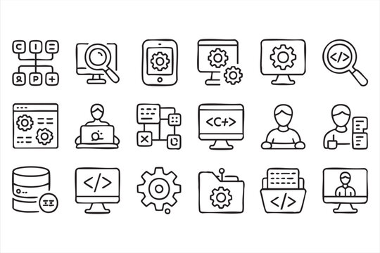 Software development and programming line icons for coding workflow and application engineering systems