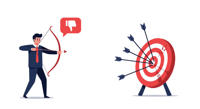 Sad businessman aiming a bow and arrow at a target already filled with missed shots to illustrate failure and persistence.
