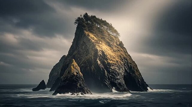 Dramatic rocky sea stack formation landscape.
