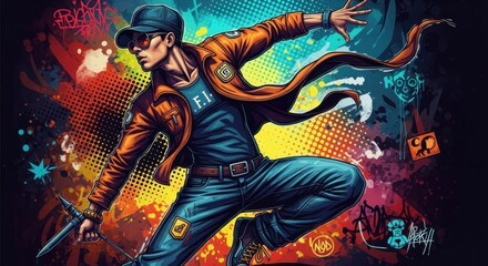 Naklejka premium A colorful, dynamic urban street art illustration of a young man in an orange jacket and cap, with a knife in his hand, against a vibrant, graffiti-covered background with dots and lines.