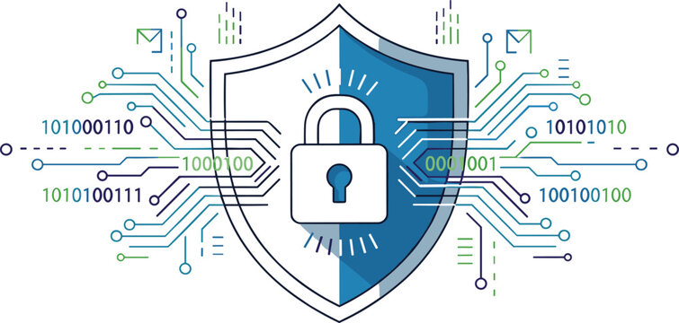 Cybersecurity shield with padlock and binary code network representing data encryption digital protection and secure information technology concept illustration