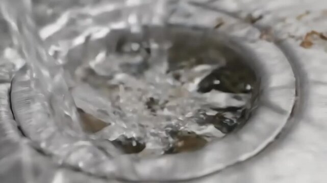 Closeup of water swirling down a drain with debris and sediment