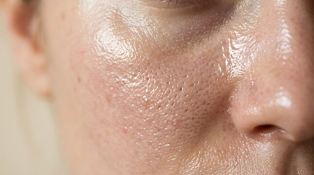 Extreme Macro Close-up of Oily Human Skin Texture with Large Pores and Sebum Shine