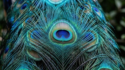 Fototapeta premium Vibrant Close-Up of Colorful Peacock Feathers with Intricate Patterns in Nature