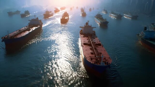 Sun glows over calm waters. Large cargo ships sail in formation. Vast ocean reflects golden light. Perfect for travel, logistics, or maritime themes