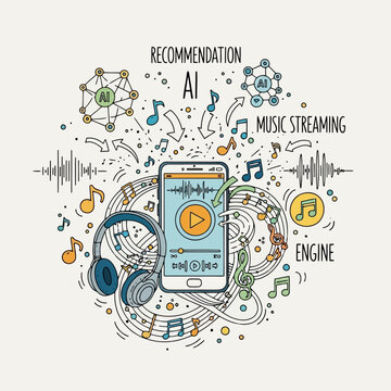 Artificial intelligence in music streaming recommendation engine with smartphone headphones equalizer and sound waves.