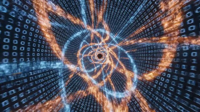 Digital data tunnel with binary code for commercial backgrounds, digital design, and advertising