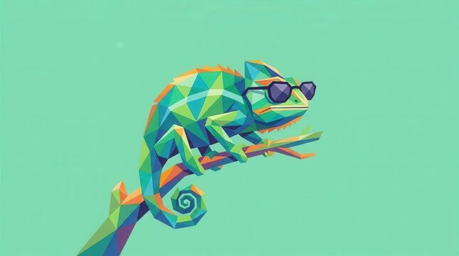 Colorful Chameleon in Sunglasses on a Branch Against a Solid Background
