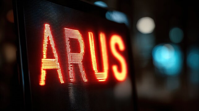 Close-up Illuminated ARUS Text on LED Display in the Dark