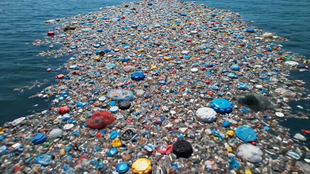 Ocean surface covered with plastic waste for environmental projects, nature documentaries, and commercials