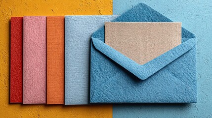 Fototapeta premium Minimalist Textured Envelope with Card Invitation and Color Stationery Assortment