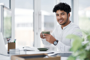 Computer, man or portrait with coffee in office for morning start, editing productivity or energy...