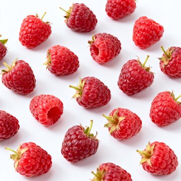 Fresh Raspberries Arranged on White Background
