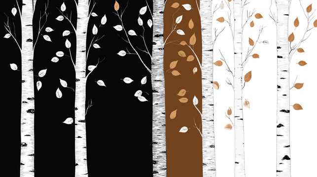 Stylized, repeating pattern of birch trees with changing colors, creating a textured and natural design