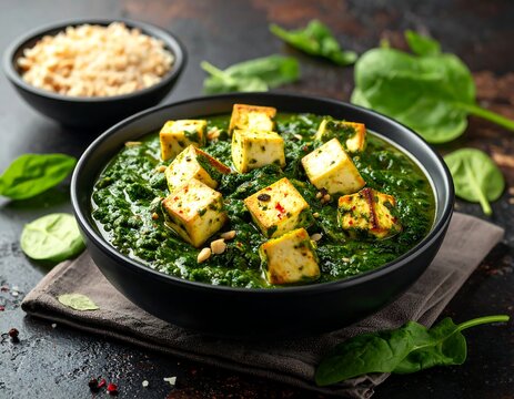 A bowl of spinach curry with paneer cubes on a dark surface