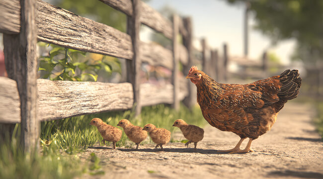 Brown hen with chicks walking near wooden fence on farm yard