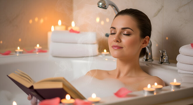 Woman Relaxing in Bathtub Reading Book Surrounded by Candles and Rose Petals.
