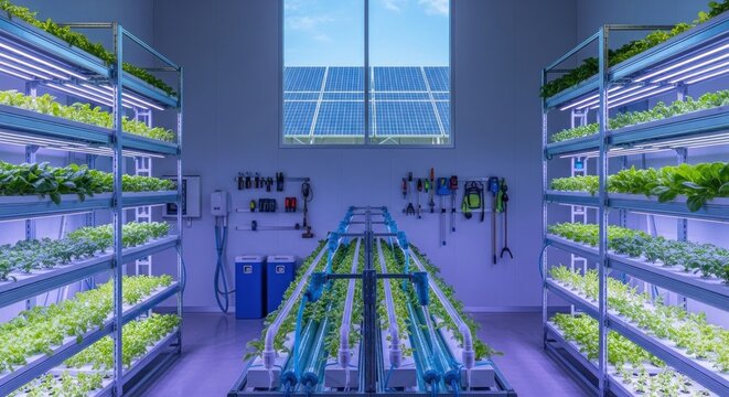 A modern, indoor vertical farm with rows of lettuce and plants, illuminated by solar panels, set against a blue wall with a window.