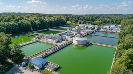 Obraz premium Aerial view of industrial algae cultivation ponds for biofuel and fertilizer production amidst lush greenery