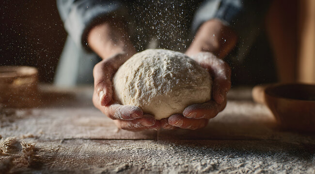Hands kneading dough and sprinkling flour during bread making in rustic kitchen