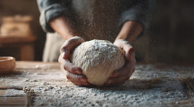 Hands dusting flour while shaping bread dough on wooden table, rustic bakery scene